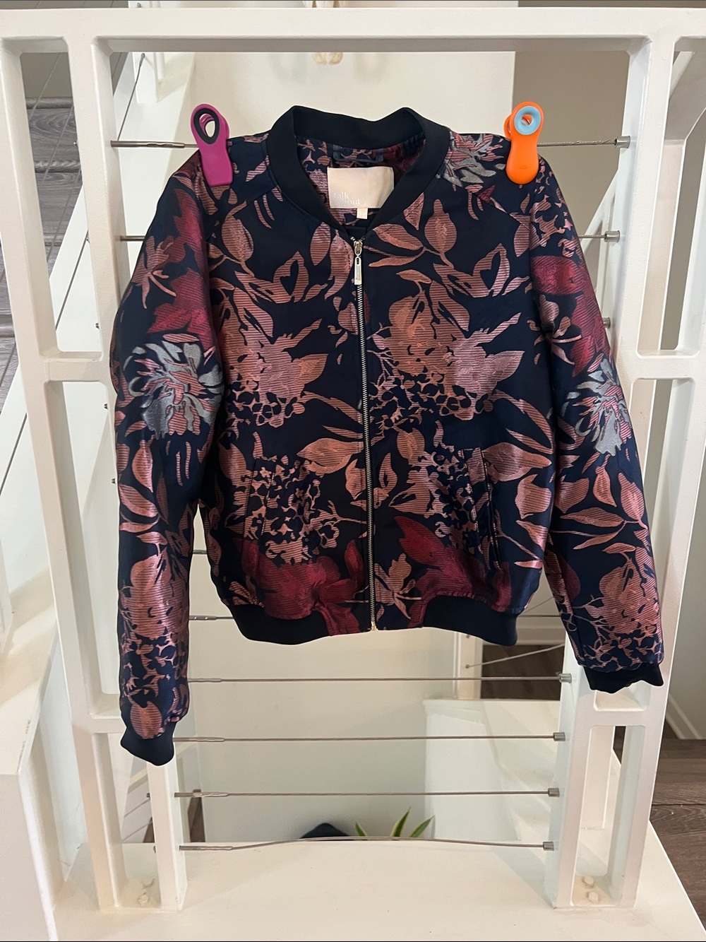 Navy Floral Metallic-Print Bomber Jacket
